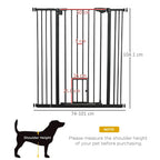 Black pet gate with vertical bars and small bottom cat flap door, shown with size marks
