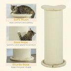 Beige cat scratching post with plush top and sisal rope; cat resting on the top