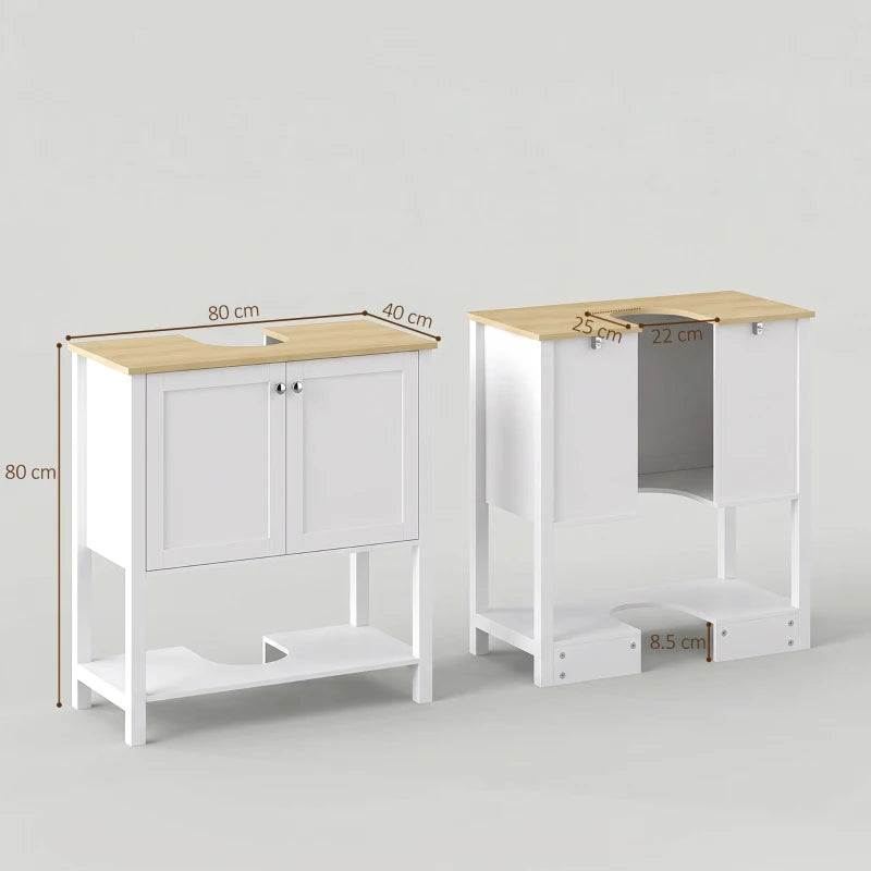 White under-sink bathroom cabinet with 2 doors and open shelf, shown with dimensions