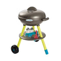 Kids toy BBQ grill set with dark gray lid, lime legs, and colorful accessory tools