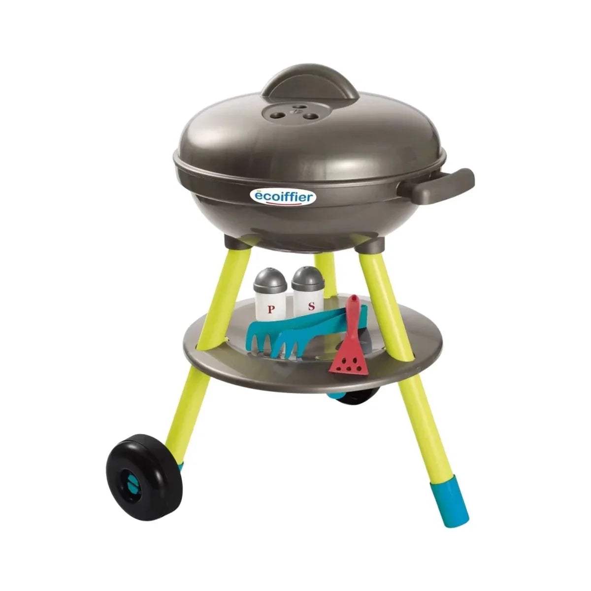 Kids toy BBQ grill set with dark gray lid, lime legs, and colorful accessory tools