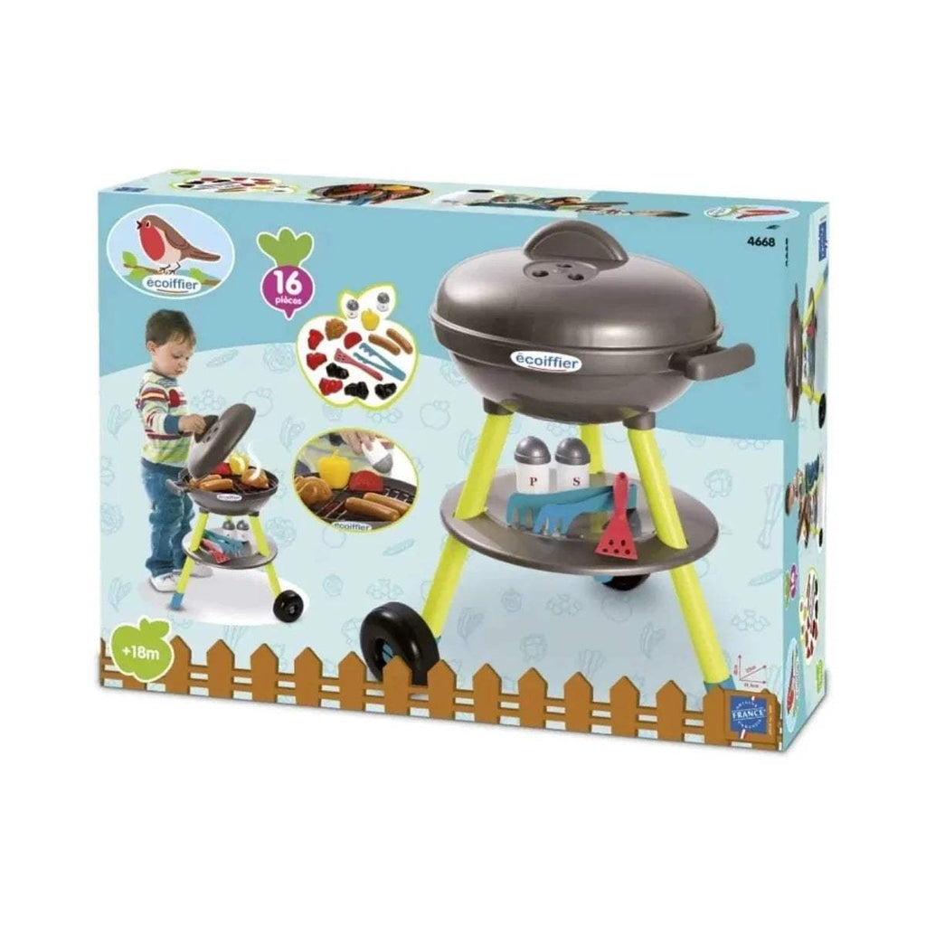 Boxed 16-piece kids toy BBQ grill set with dark gray grill and accessory tools
