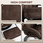 Dark brown velvet recliner details: plush fabric, thick padding, extendable footrest