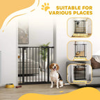 Black safety gate shown for doorway, hallway, and stairway use with icons.