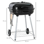 Black portable charcoal grill with domed lid, cooking grate, and four wheeled legs