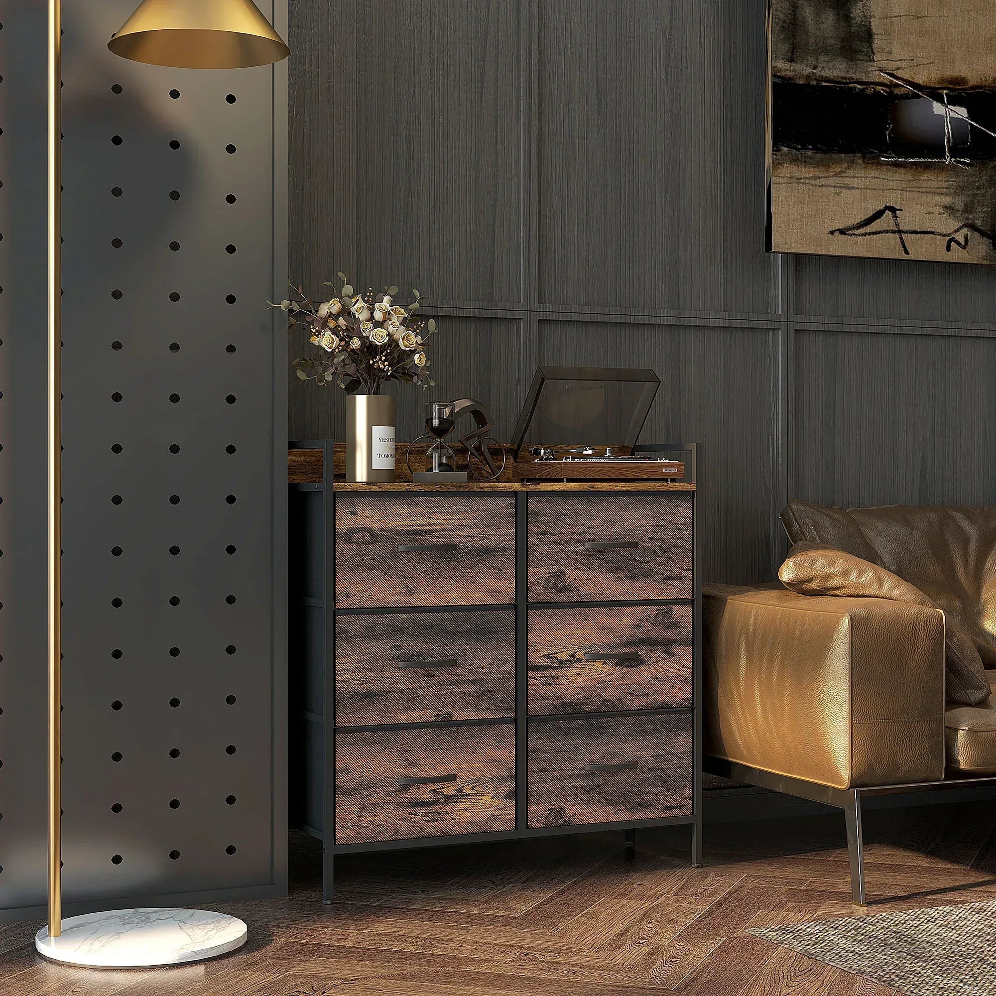 Rustic Chest of Six Fabric Drawers - Rustic Brown - Bobobiy