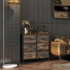 Six-drawer rustic brown chest with black frame, shown beside a sofa