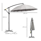 Light grey cantilever patio umbrella open canopy on black base stand, side view