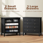 Black bedside dresser with two small and three large drawers, round metal knobs