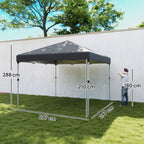 Dark grey pop-up gazebo with measurements visible on open lawn background