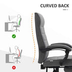 Grey fabric office chair with curved backrest and padded armrests, swivel caster base