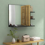 Bathroom mirror with bamboo hinged doors and black shelves, open compartment view
