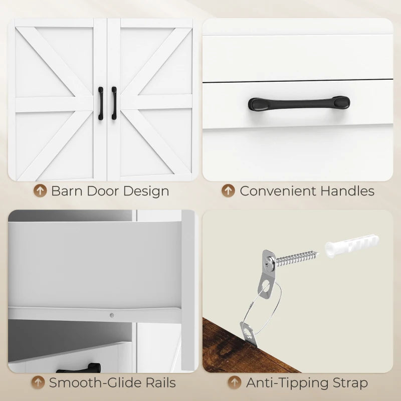 White sideboard details: barn door design, smooth handles, sliding rails, anti-tipping strap