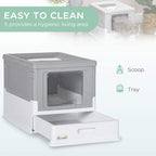 Grey hooded cat litter box with front entry window and pull-out tray step