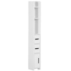 White freestanding bathroom storage cabinet with open shelves, two drawers, and a door