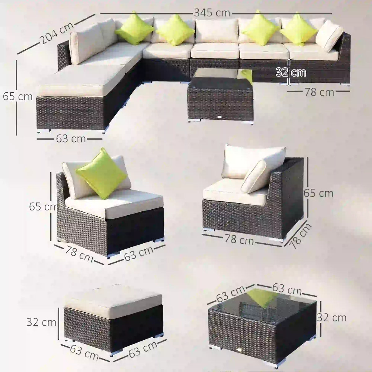 Eight-piece brown rattan sofa set with cushions, coffee table and dimension labels