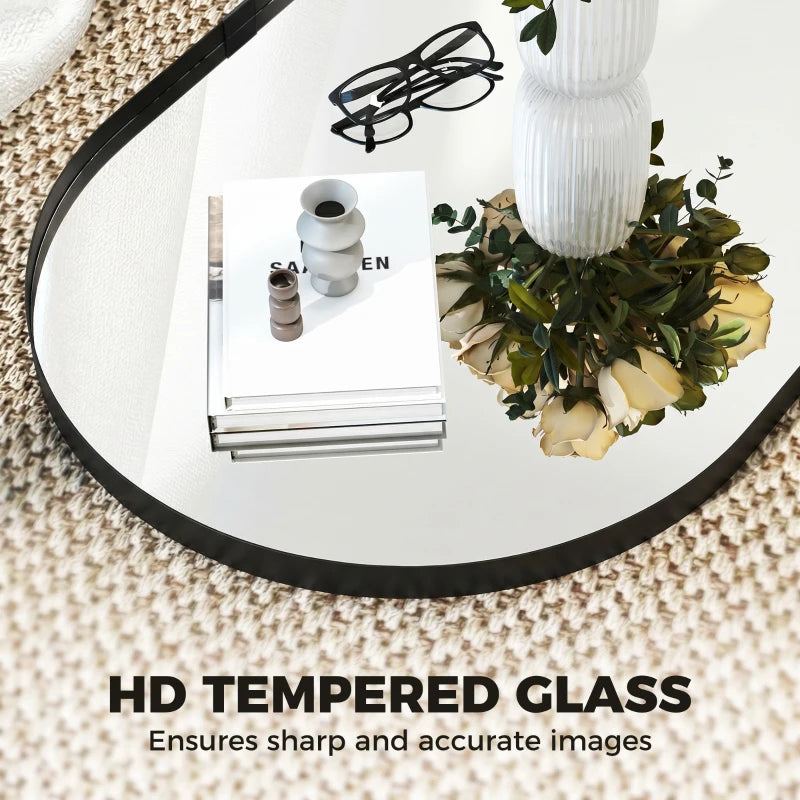 Black oval wall mirror with thick frame and HD tempered glass panel