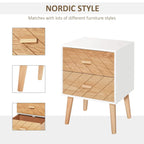 White nightstand with natural wood two-drawer front and tapered pine legs