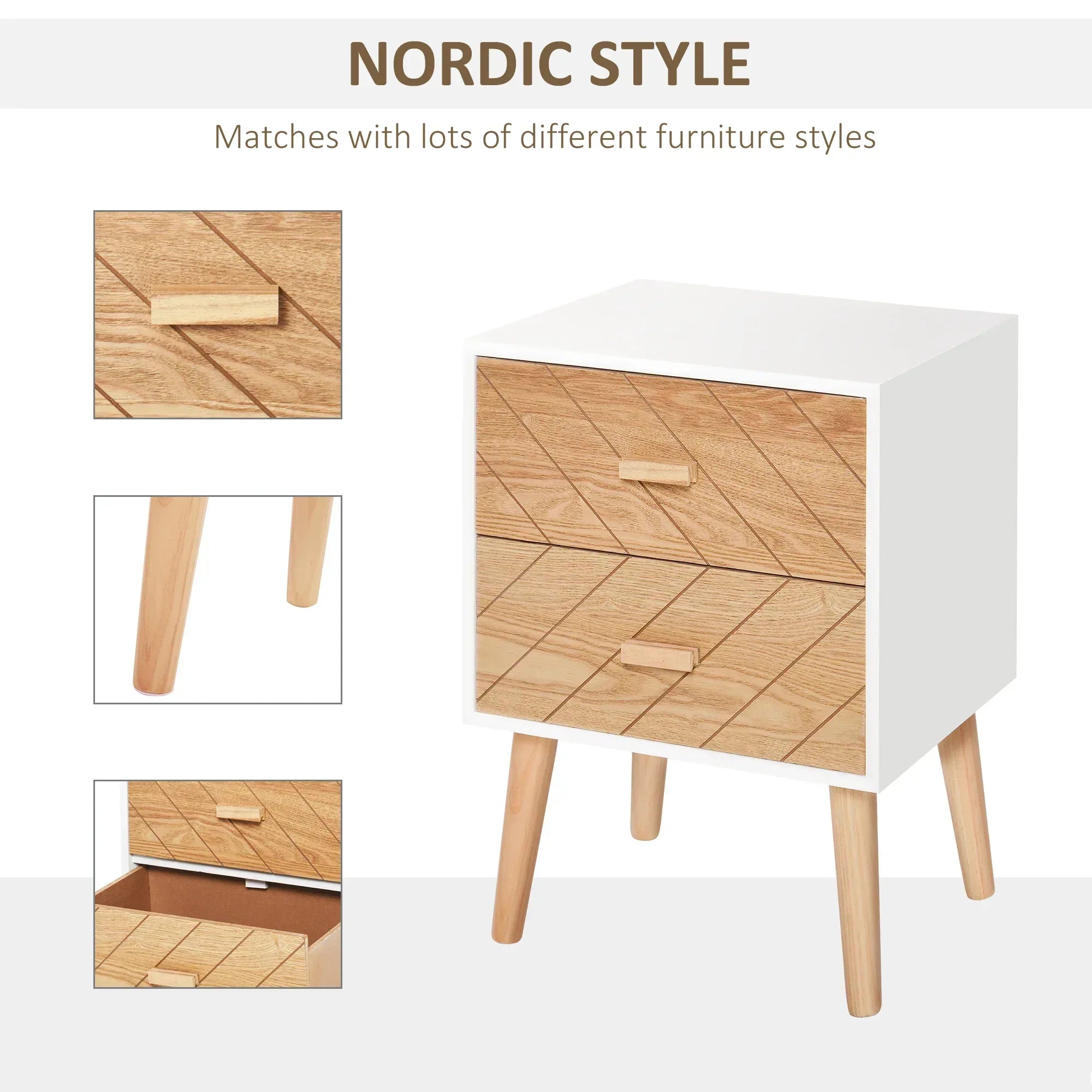 2 Drawers Bedside Table with Pine Legs, Bedroom Wooden Storage Cabinet, Natural - Bobobiy