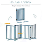 Blue foldable dog gate barrier with panels stacked for storage