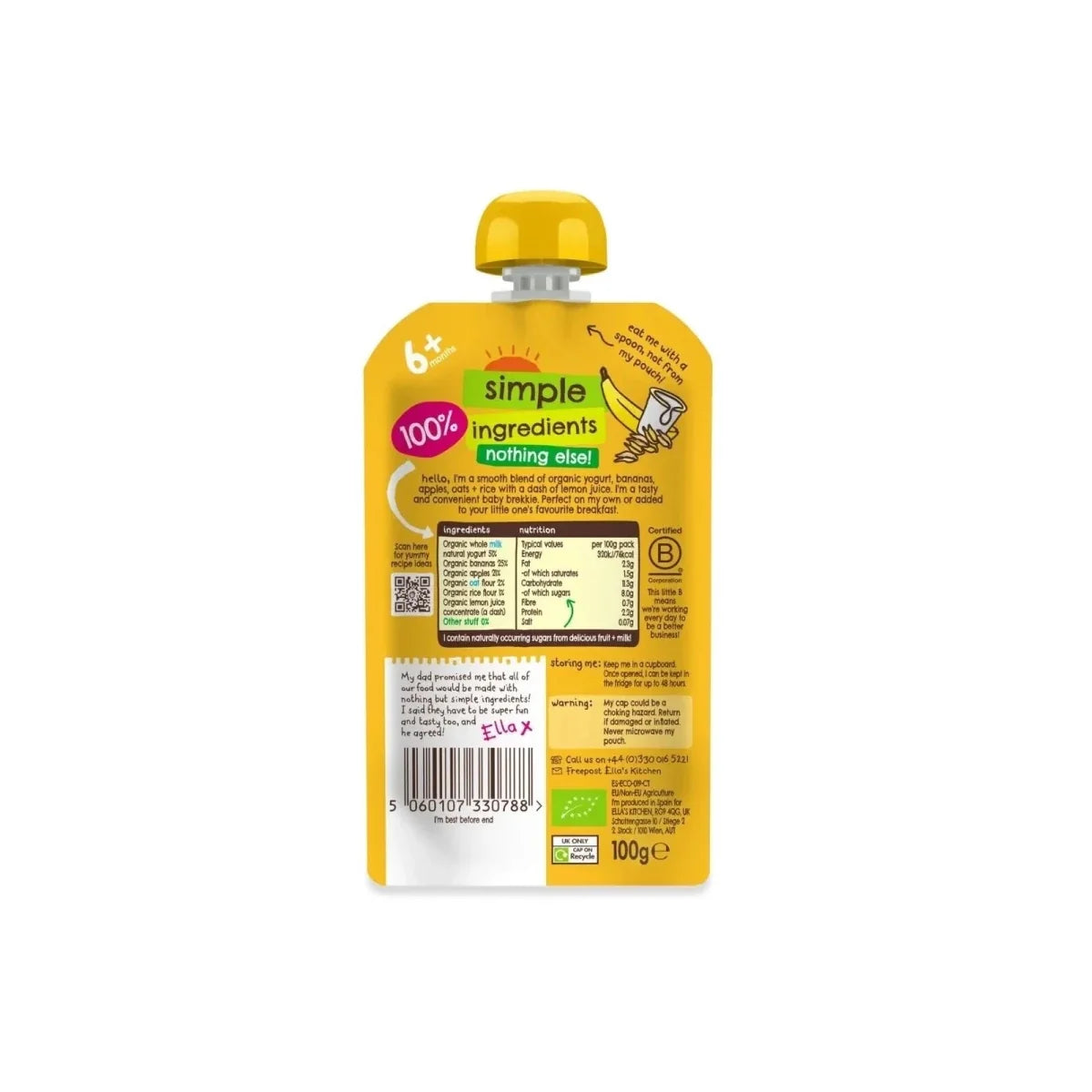 Organic baby food pouch back label, 6+ months, 100g squeeze pack