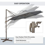 Cantilever patio umbrella crank mechanism on side post with open dark canopy