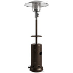 Brown gas patio heater with circular table tray and tall cylinder body