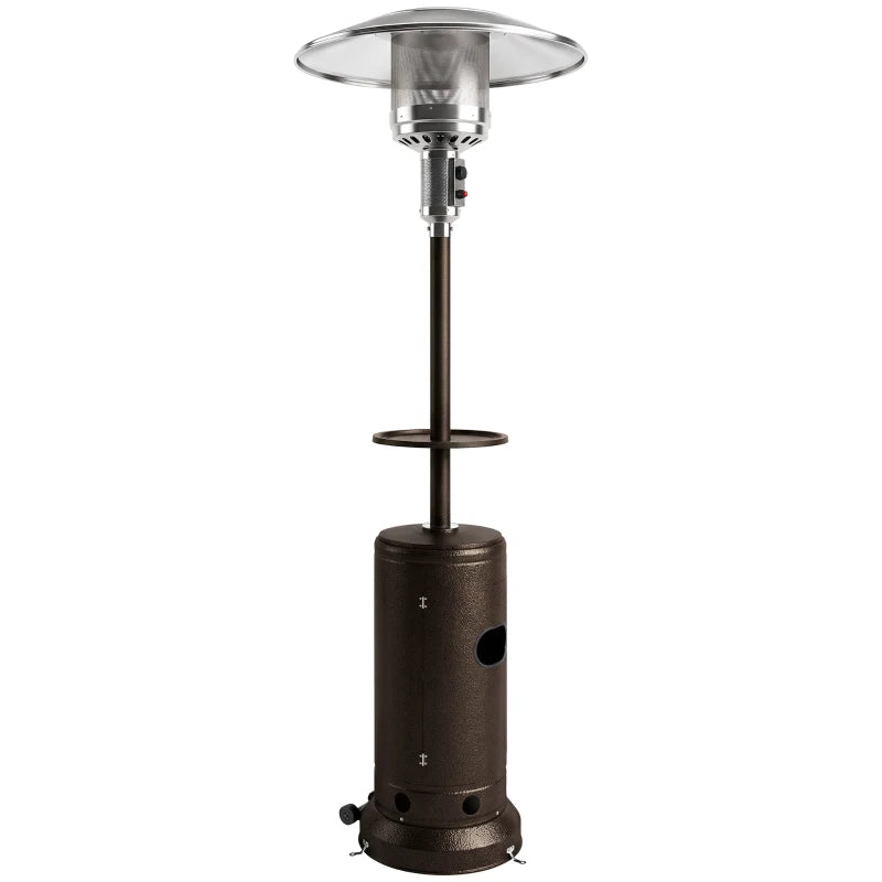Brown gas patio heater with circular table tray and tall cylinder body