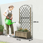 Raised planter with metal trellis and flowers, arched top, on lockable caster wheels
