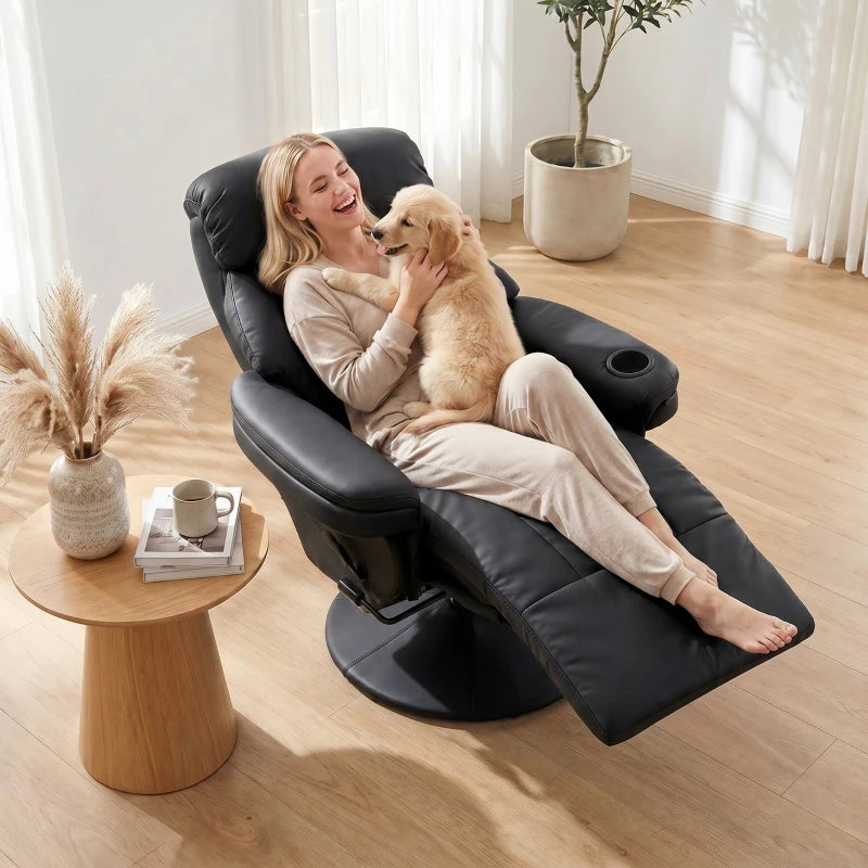 Black reclining armchair with cup holder and padded seat with footrest