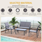 Charcoal grey patio set with metal frames and breathable woven mesh seat cushions