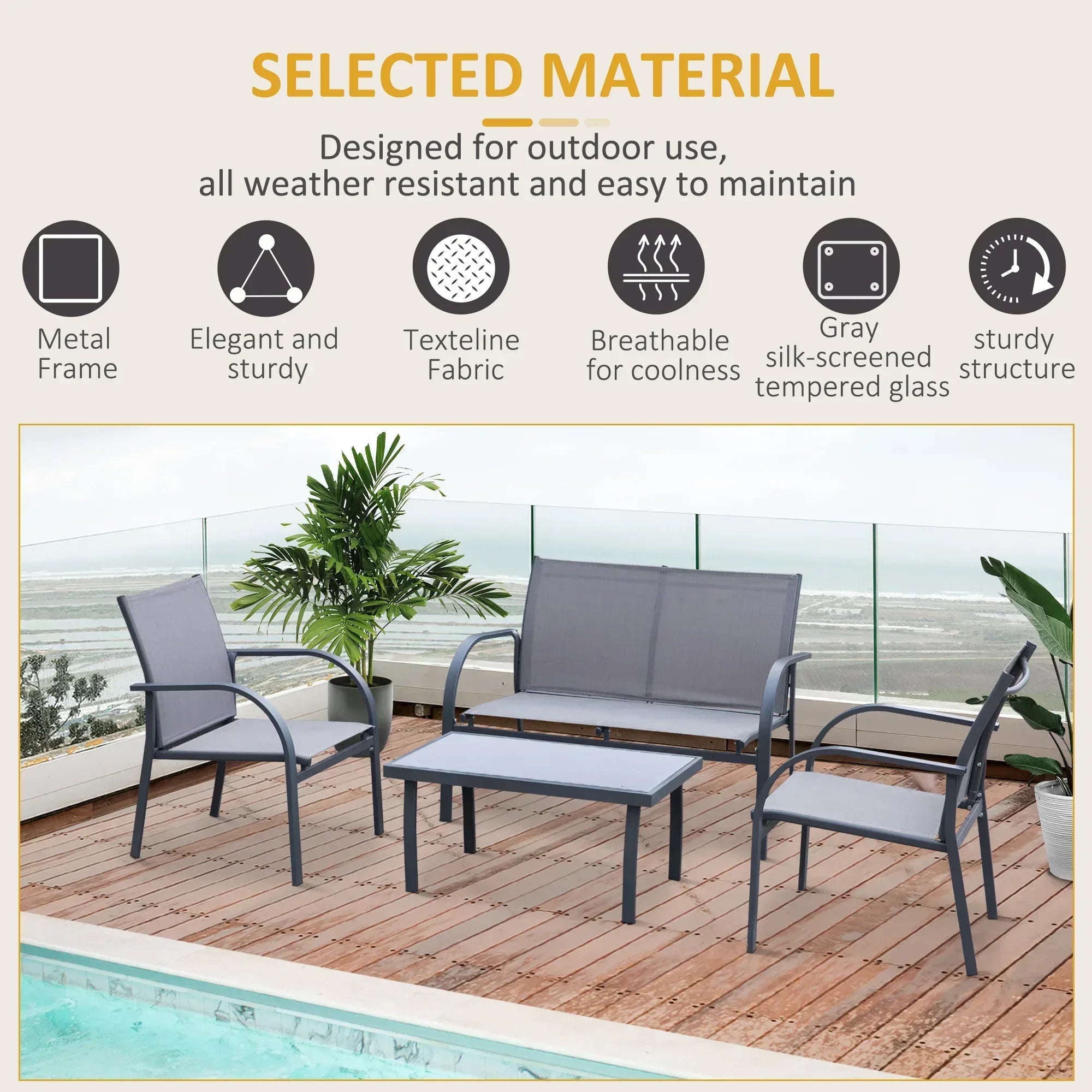 Four-Piece Minimal Garden Patio Set - Grey - Bobobiy