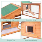 Wooden guinea pig hutch with green waterproof roof, ramp, slide-out tray, and lockable window