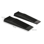 Two black low-entrance plastic car ramps with raised textured grid driving surface