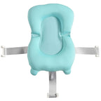 Blue bath cushion pad with safety straps for a green baby bath tub