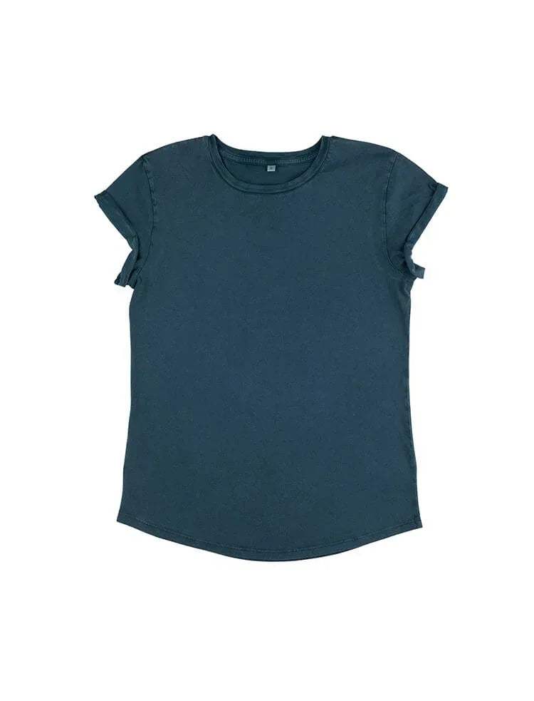 Women’s rolled-sleeve T-shirt in teal blue, crew neck and short rolled sleeves