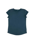 Women’s rolled-sleeve T-shirt in teal blue, crew neck and short rolled sleeves