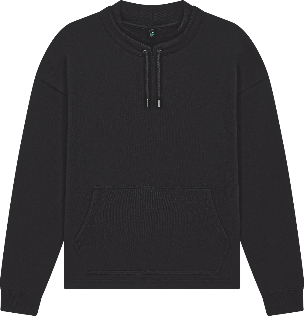 Black hoodie with a brand logo on a transparent background
