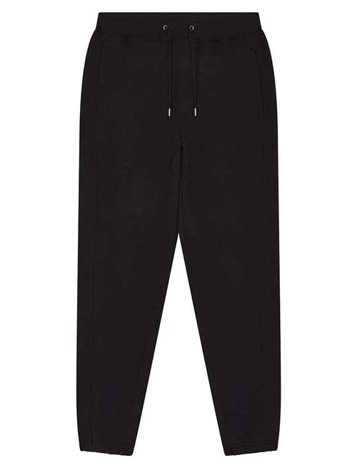 Sueded sweatpants in black with elastic waist, drawstring, and cuffed ankles
