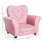 Pink kids armchair with heart backrest, tufted seat panel, and rhinestone studs