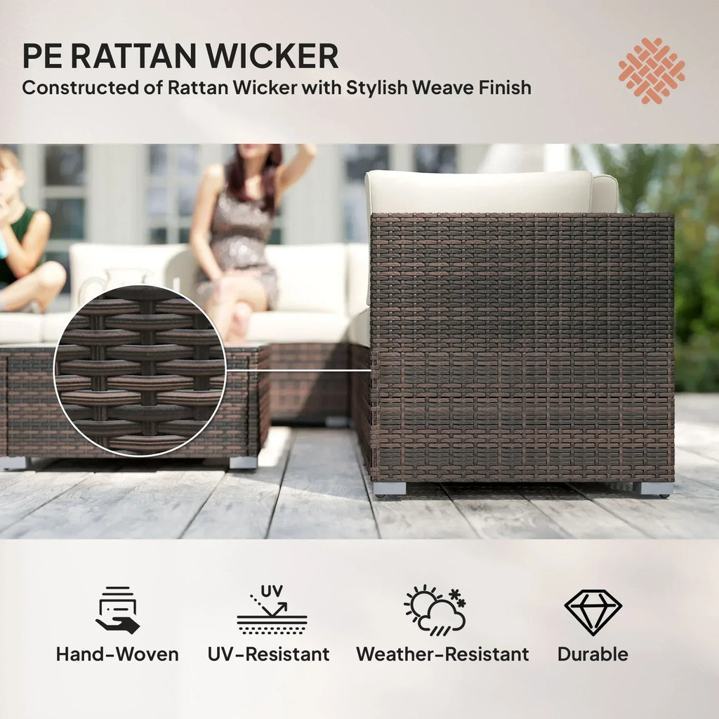 8 Piece Rattan Corner Sofa Set with Wide & Deep Seat, Assembled Aluminium PE Rattan Garden Furniture Set with Thick Cushions and Glass Top Table for Outdoor, Conservatory, Mixed Brown - Bobobiy