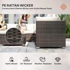 Brown rattan wicker armchair with thick white cushion and side armrest for outdoor seating
