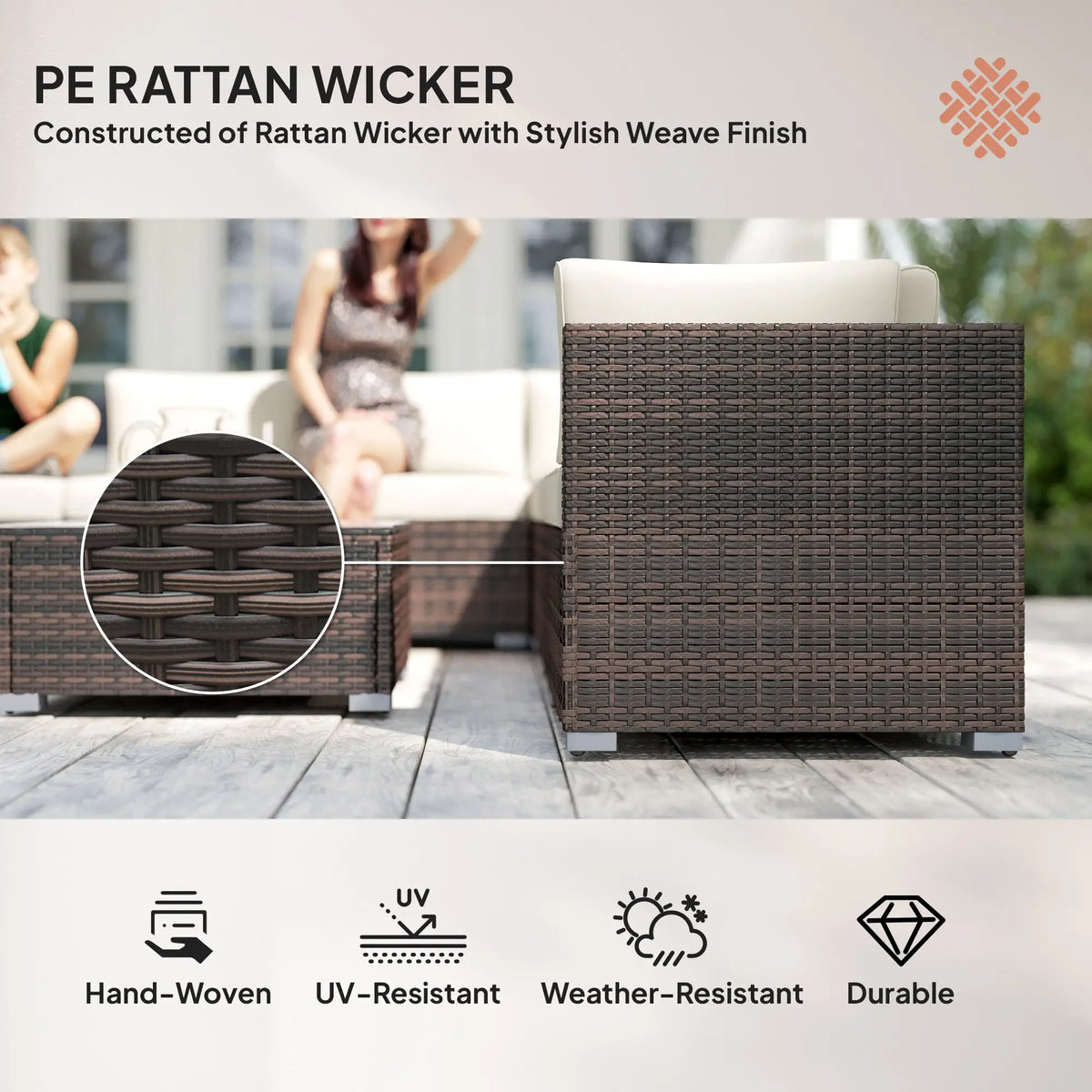 Brown rattan sofa set showing the woven wicker texture and sturdy seat frames