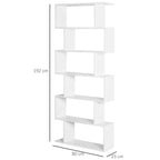 White S-shaped 6-tier bookshelf, 192 cm high, 80 cm wide, 23 cm deep