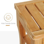 Close-up of natural wood slatted bench corner with smooth rounded edge and grain.