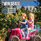 Pink 2-seat electric kids quad bike with twin seats and front grille headlights