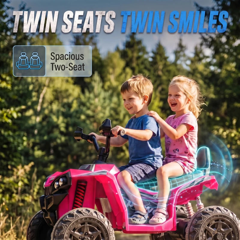 Pink 2-seat electric kids quad bike with twin seats and front grille headlights