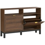 Rustic brown shoe cabinet with two flip drawers and open upper compartments