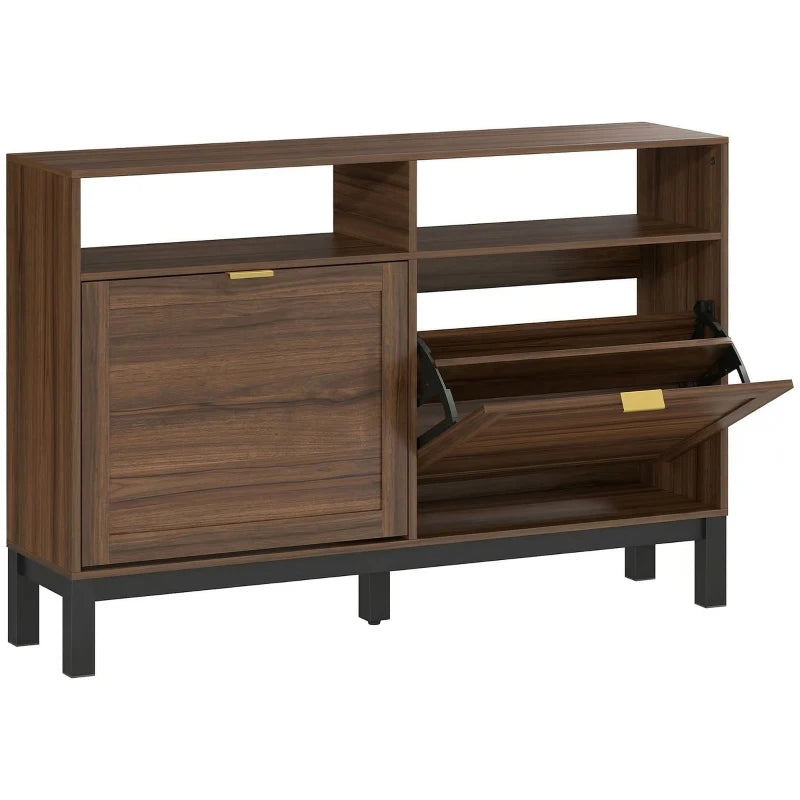 Rustic brown shoe cabinet with two flip drawers and open upper compartments