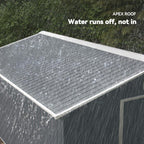 Grey metal shed roof with water-shedding apex design and visible rain droplets